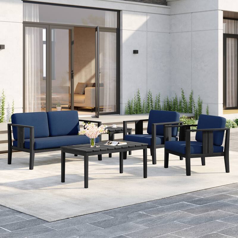 5-Piece Patio Furniture Solid Teak Outdoor Conversation Set - Navy - Blackframe