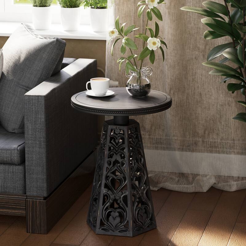 COZAYH Rustic Farmhouse Wooden End Table, Distressed Round Accent Table with Intricate Carved Floral Patterns, Boho