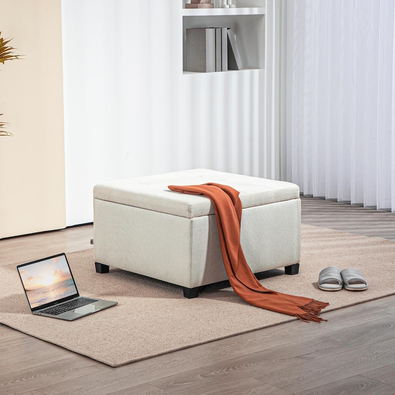 Fabric Tufted Storage Ottoman with Flip Top Seat Lid, Metal Hinge and Stable Eucalyptus Wood Frame