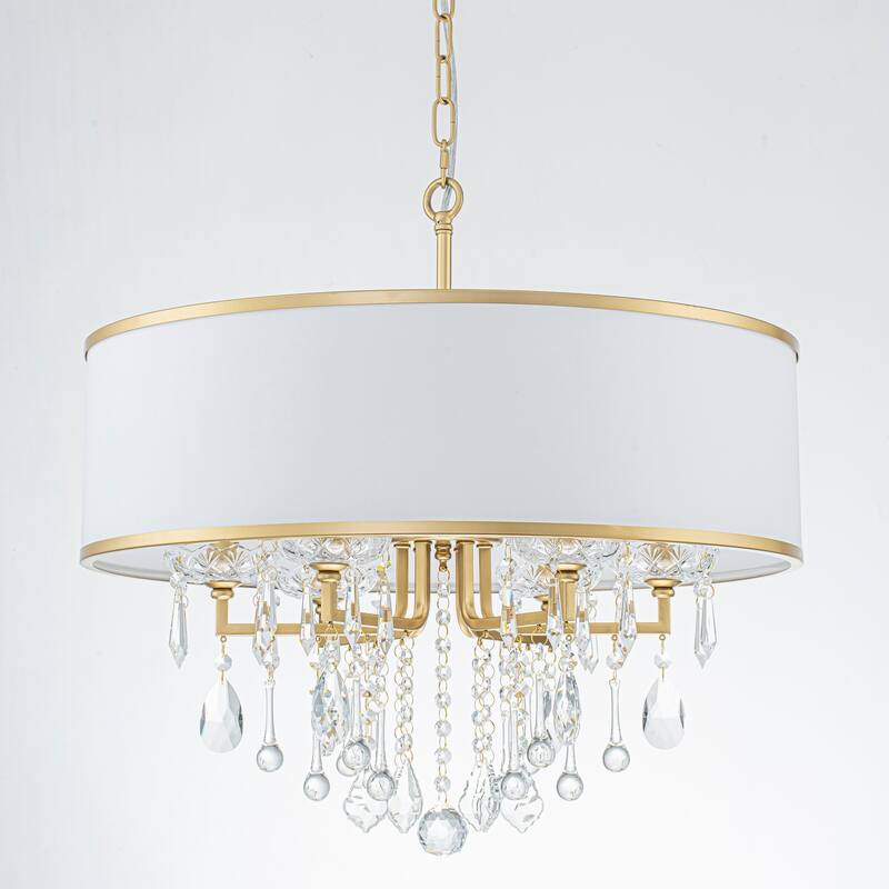 6-Light Modern Elegant Gold Drum Fabric Shade Adjustable Height with Crystal Accent Chandelier for Dining Room & Bedroom