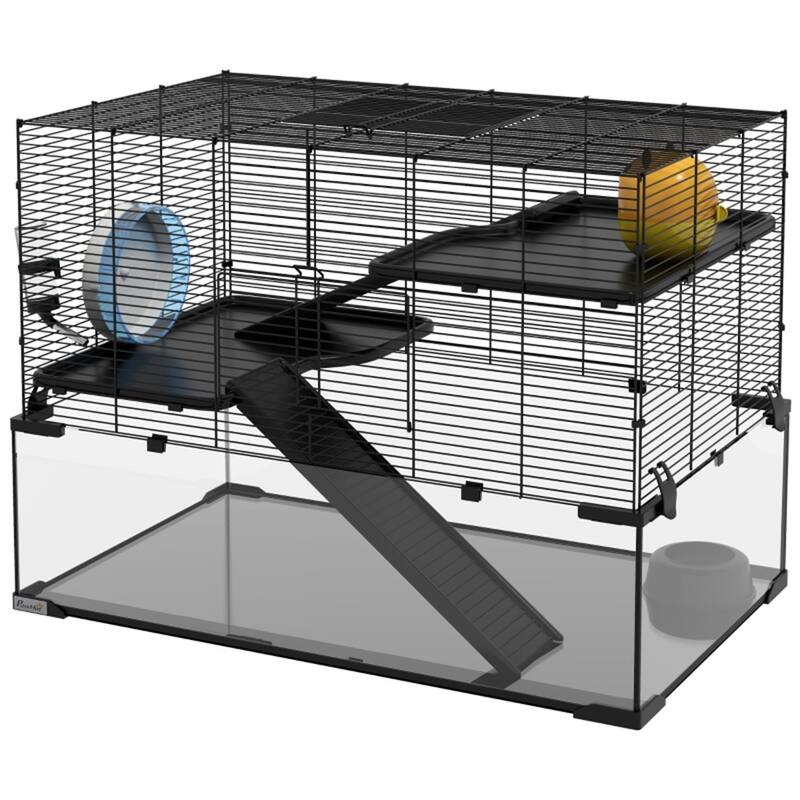 Black-Transparent Hamster Cage with Steel Frame, Glass Base and Accessories - 31" L x 19" W x 22.5" H - Black-Transparent