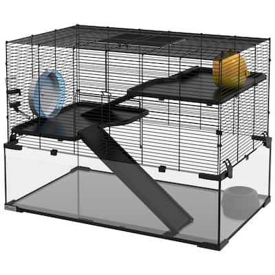 Black-Transparent Hamster Cage with Steel Frame, Glass Base and Accessories - 31" L x 19" W x 22.5" H
