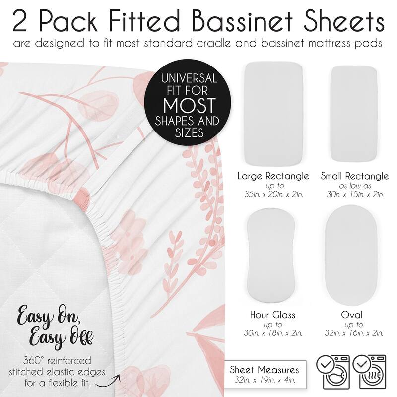 Sweet Jojo Designs Boho Floral Leaf Girl 2 Pack Baby Bassinet Fitted Sheets White and Pink Chic Bohemian Watercolor Botanical