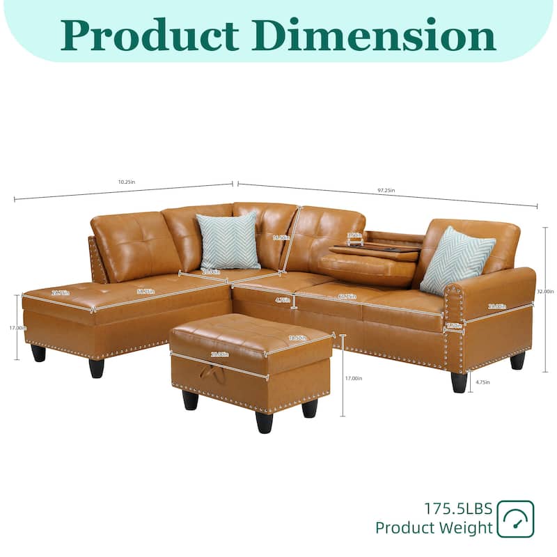 HOMEFUN Linen/Leather Upholstered L-Shaped 4-seater Multifunctional Sectional Sofa with Storage Ottoman,Cup Holder