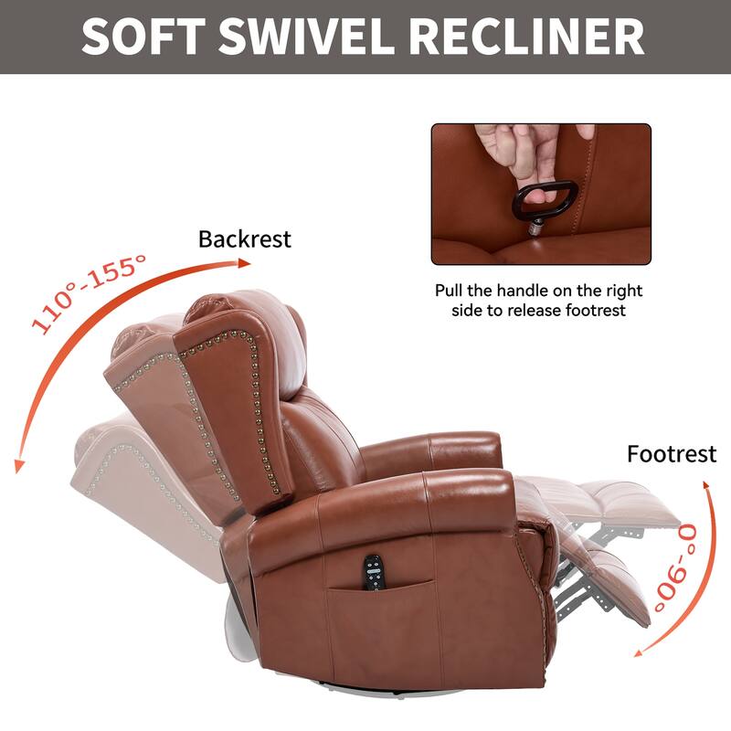 Genuine Leather Swivel Recliner Chair, Sofa Chair with Side Pockets, Manual Recliner Chair with Heat & Massage