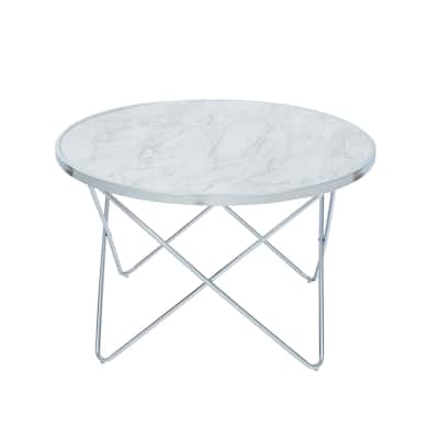 Teamson Home Small Round Faux Carrara Marble Coffee Table, White