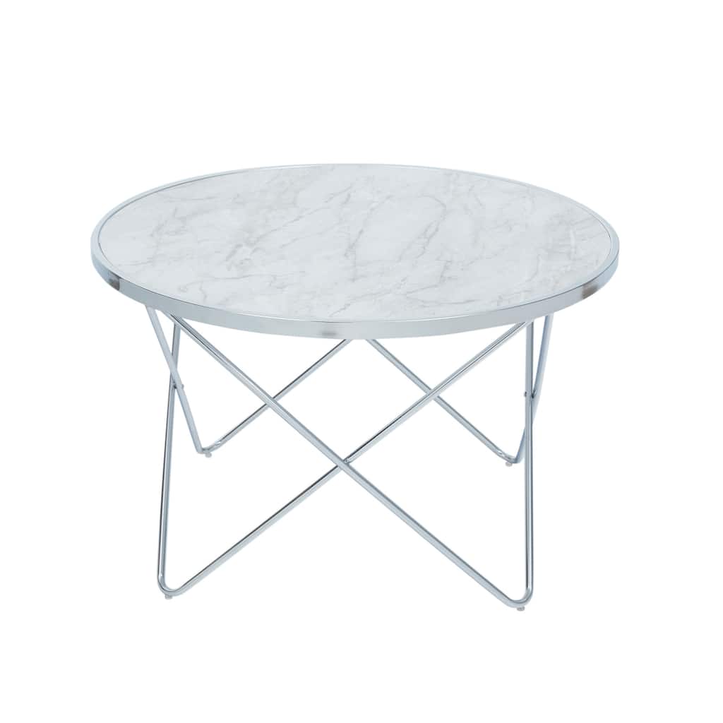 Teamson Home Small Round Faux Carrara Marble Coffee Table, White