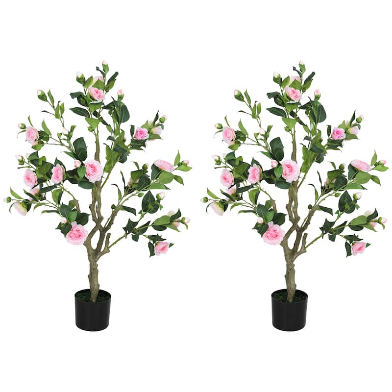 Set of 2 Artificial Camellia Flower Plants Pink Green with 18 Flowers 18 Buds 150 Leaves 39 Inch for Home Office Decor - 39.4"