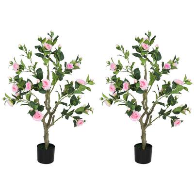 Set of 2 Artificial Camellia Flower Plants Pink Green with 18 Flowers 18 Buds 150 Leaves 39 Inch for Home Office Decor - 39.4"