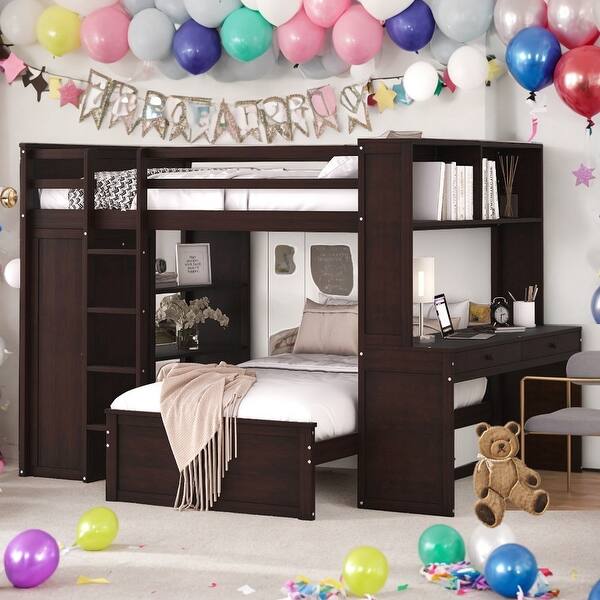 slide 2 of 42, Full size Loft Bed With Twin Size Stand-alone Bed,Shelves,Desk And Wardrobe Espresso
