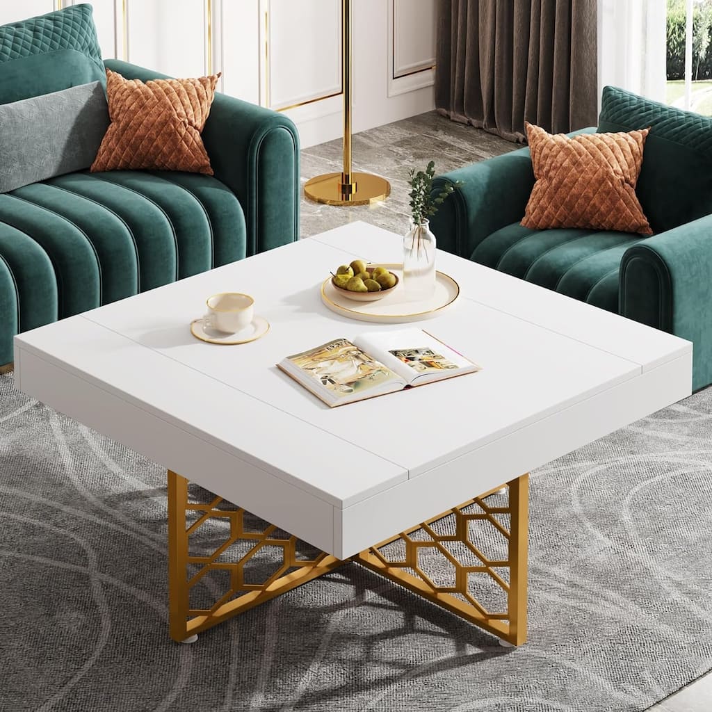 Modern White Coffee Table Square Tea Table with Gold Metal Frame