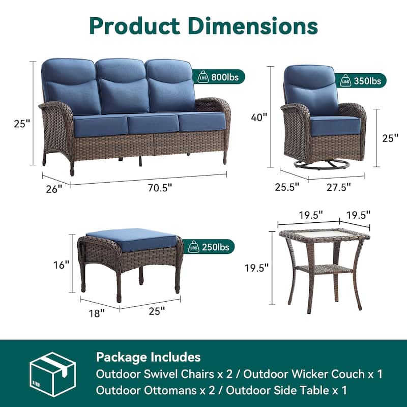Pocassy Outdoor Sofa Swivel Chair and Ottman with Fire Pit Table