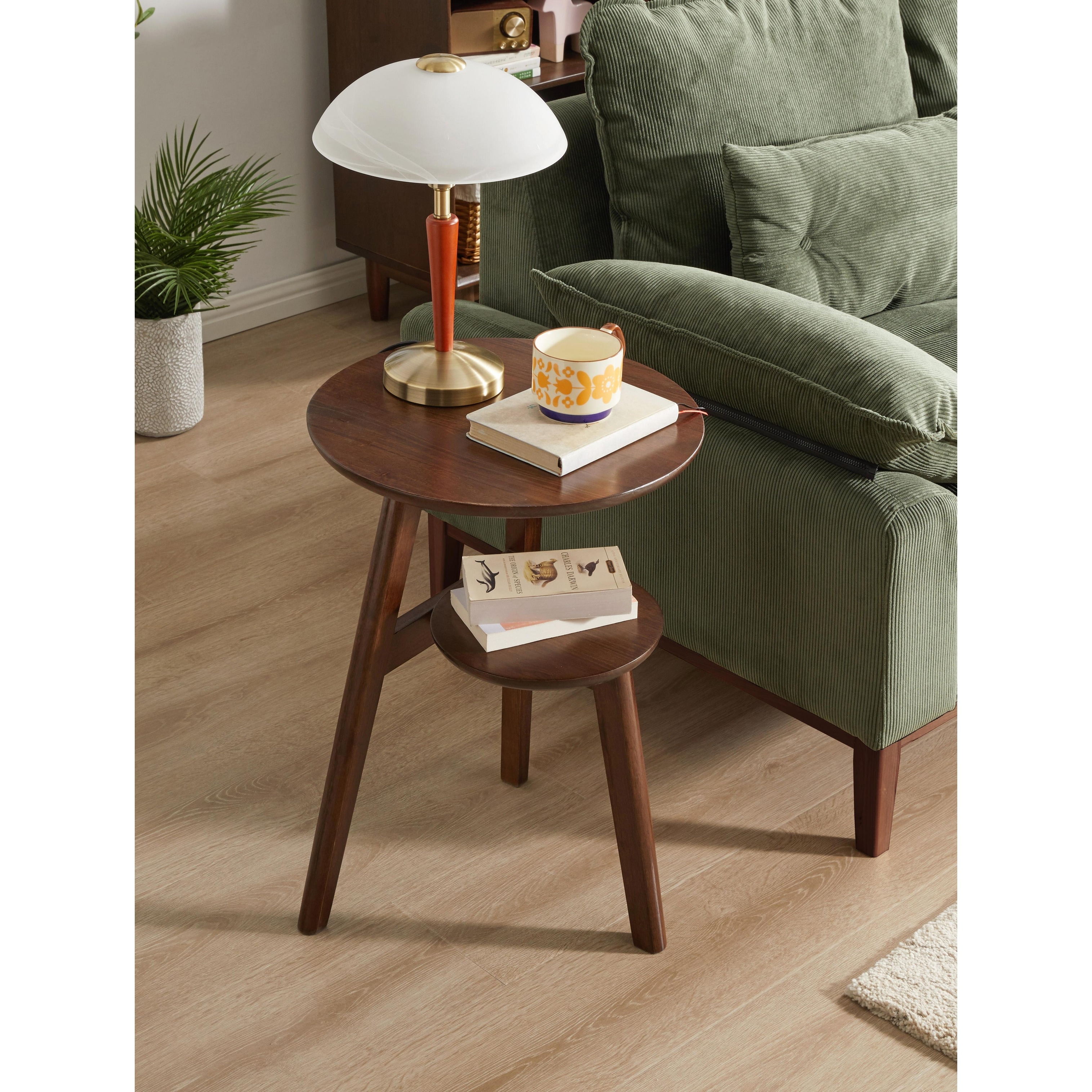 100% Solid Wood 2-Tier Side Table Sofa Side Table,Solid Wood Round End Table, 2-Tier Small Side Table with Lower Storage Shelf