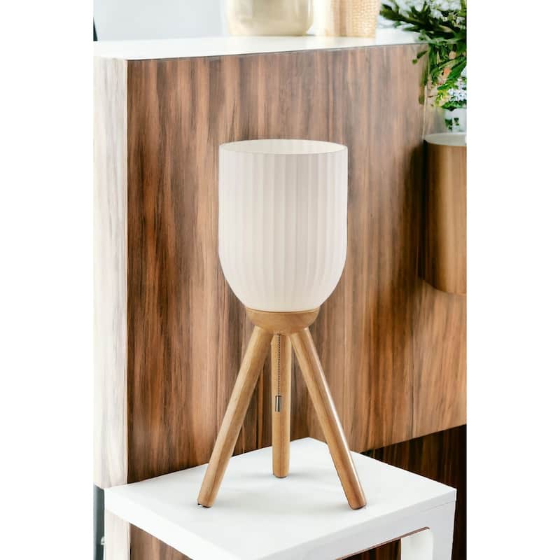 HomeRoots 23" Natural Solid Wood Tripod Table Lamp With White Ribbed Glass Shade - 10' X '22.5' X '10 - 10' X '22.5' X '10 - Brown and White