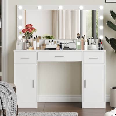 Modern Makeup Vanity with Mirror,3 Drawers & 2 Vertical Cabinets