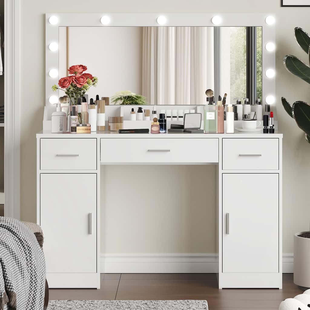 Modern Makeup Vanity with Mirror,3 Drawers & 2 Vertical Cabinets