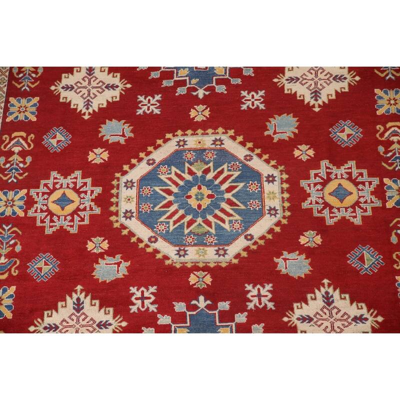 Red Geometric Kazak Oriental Area Rug Handmade Wool Carpet - 9'0"x 11'11"