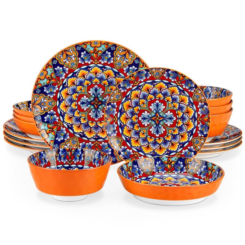 vancasso SIMI 16-piece Bohemian Porcelain Pattern Dinnerware Set - Orange - 16 Piece