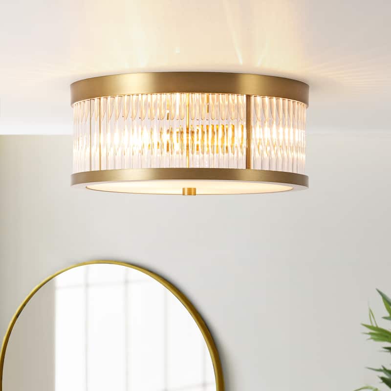 12.2" W 3-Light Mid-Century Modern Luxury Gold Round Glass Flush Mount Ceiling Light for Bedroom, Living Room