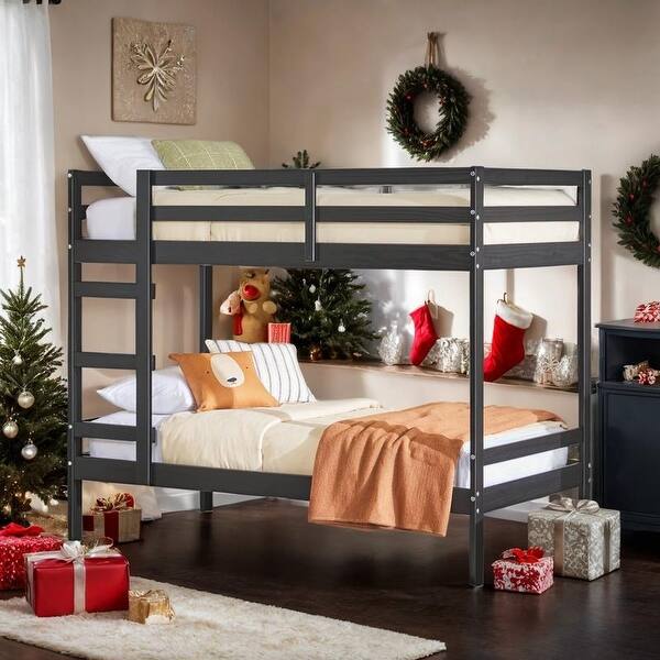 slide 2 of 7, Simple Solid Wood Twin Over Twin Bunk Bed, Black Black