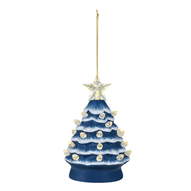 5 in. Set of 3 Nostalgic Ceramic Tree Ornament- Blue with White Bulbs
