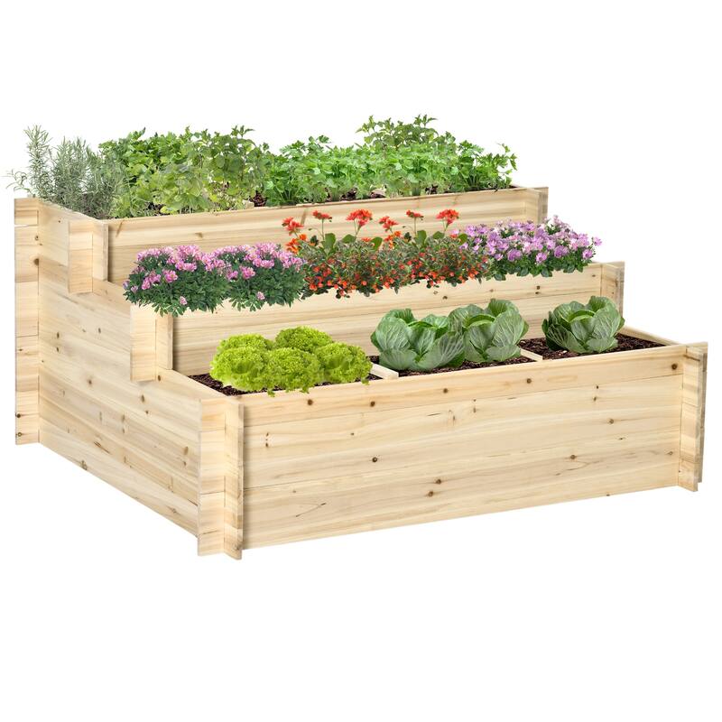 Outsunny 3 Tier Raised Garden Bed Elevated Planter Flower Box with 9 Grow Grids and Non-woven Fabric