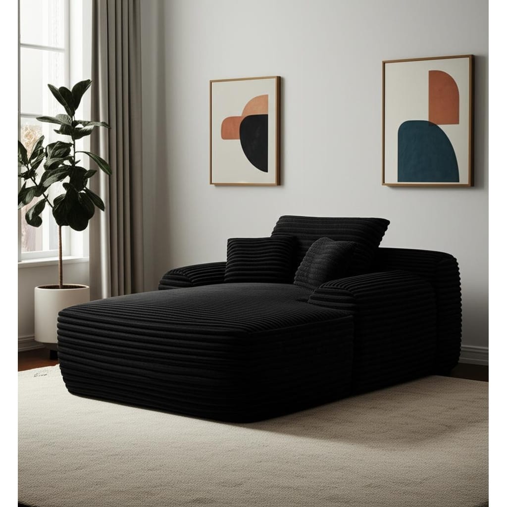 HomeRoots 67" Black Corduroy Oversized Chaise Lounge Chair And Toss Pillows - 67 in. x 23.6 in. x 49 in.