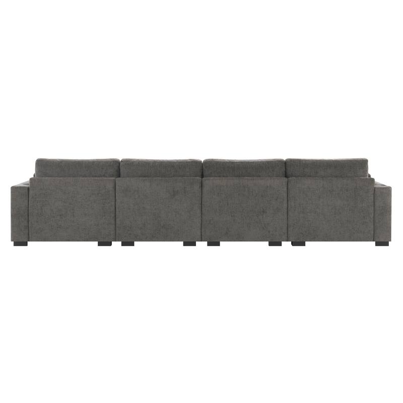L-Shape Sectional Sofa with Folding Table, Dual-Port Charging, Side Pockets, 2 Pillows, Movable Ottoman, Chenille Modular Sofa