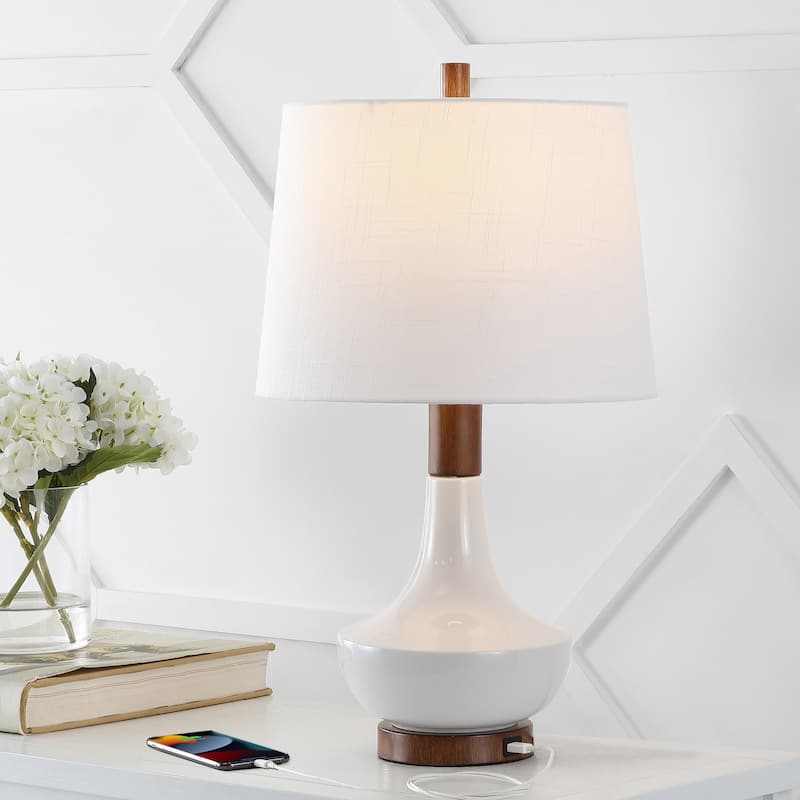 JONATHAN Y Genie 13.5" Modern Metal/Resin LED Accent Lamp, Brass Gold/White - 23" - White/Brown Wood Finish