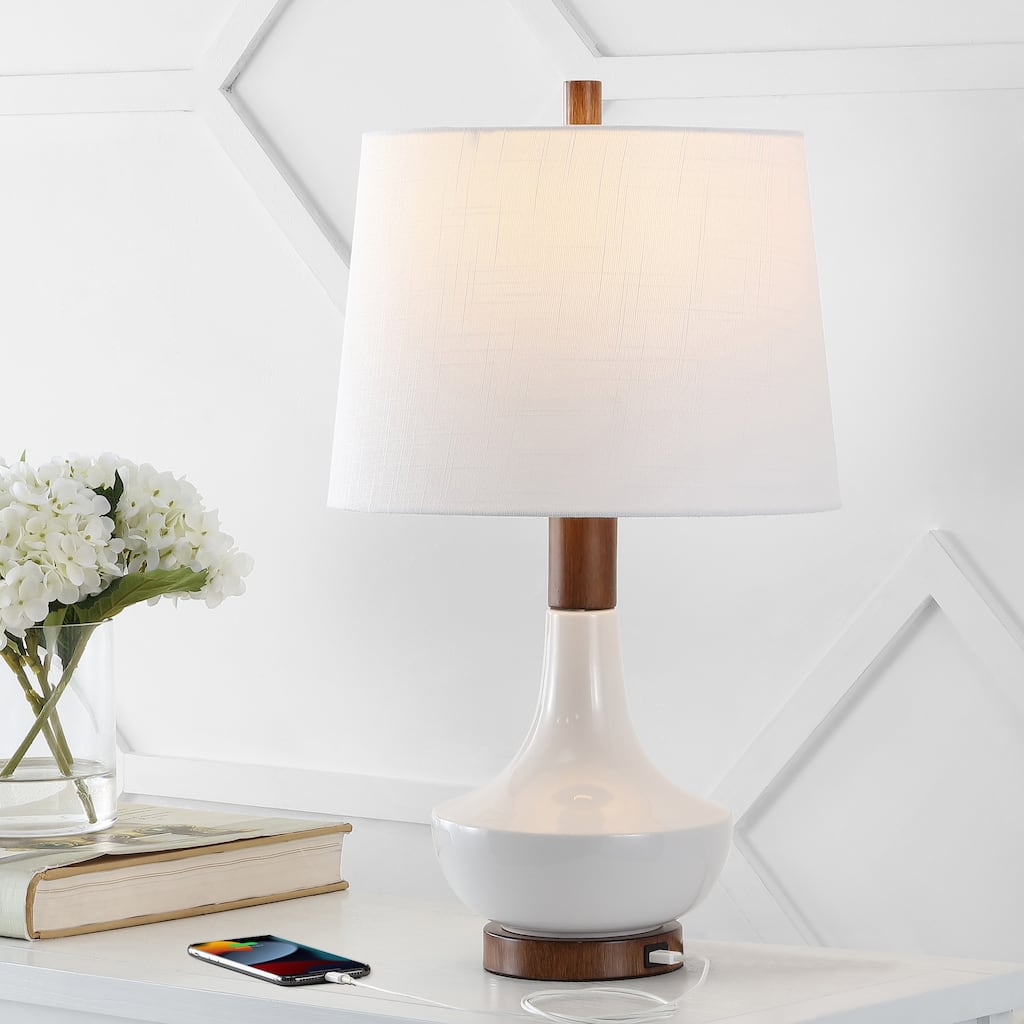 Apollo 23" Vintage Minimalist Iron/Ceramic LED Mini Table Lamp with USB Charging Port, Wood Finished/White by JONATHAN Y