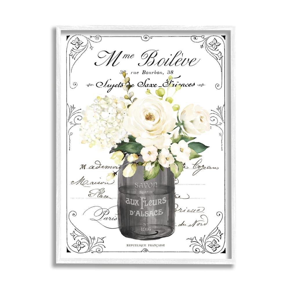 Stupell Vintage Parisian Bathroom Floral Bouquet White Flowers Framed Wall Art