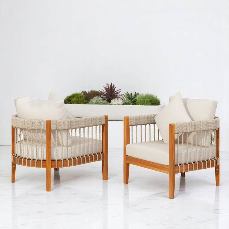 Set of 2 Outdoor Lounge Chair with Cushions, Acacia Wood Frame and Handwoven Rope, Ergonomic Tub Design for Patio or Garden - Beige