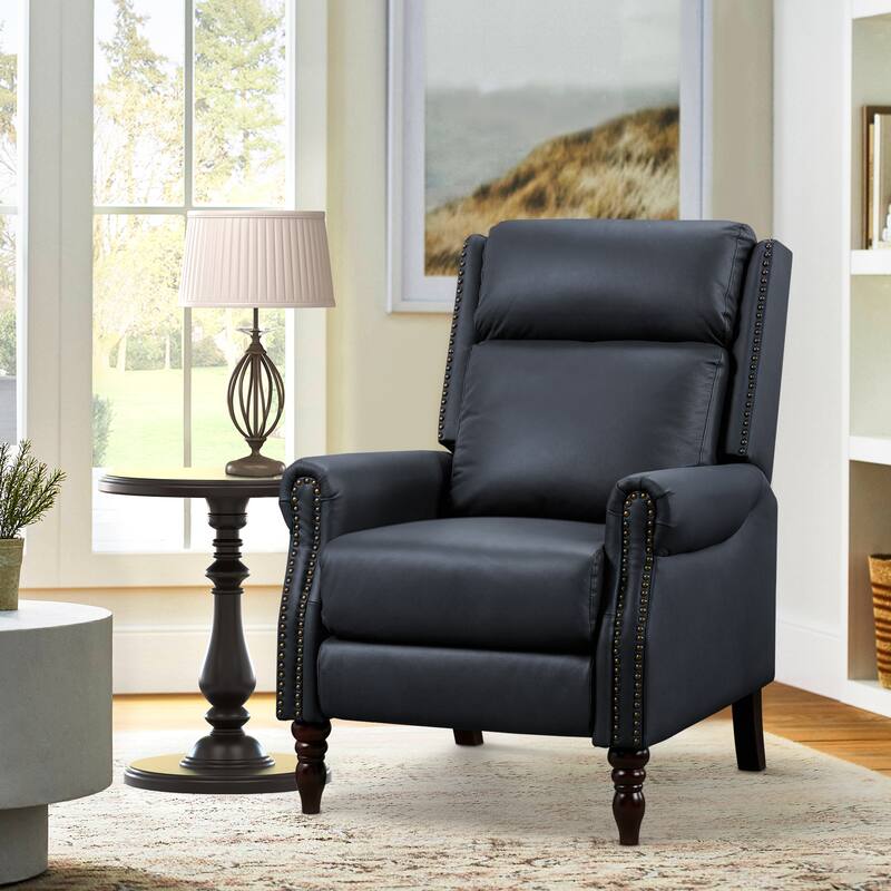 Genuine Leather Push Back Adjustable Recliner with Comfortable Arms for Living Room Chair - Blue
