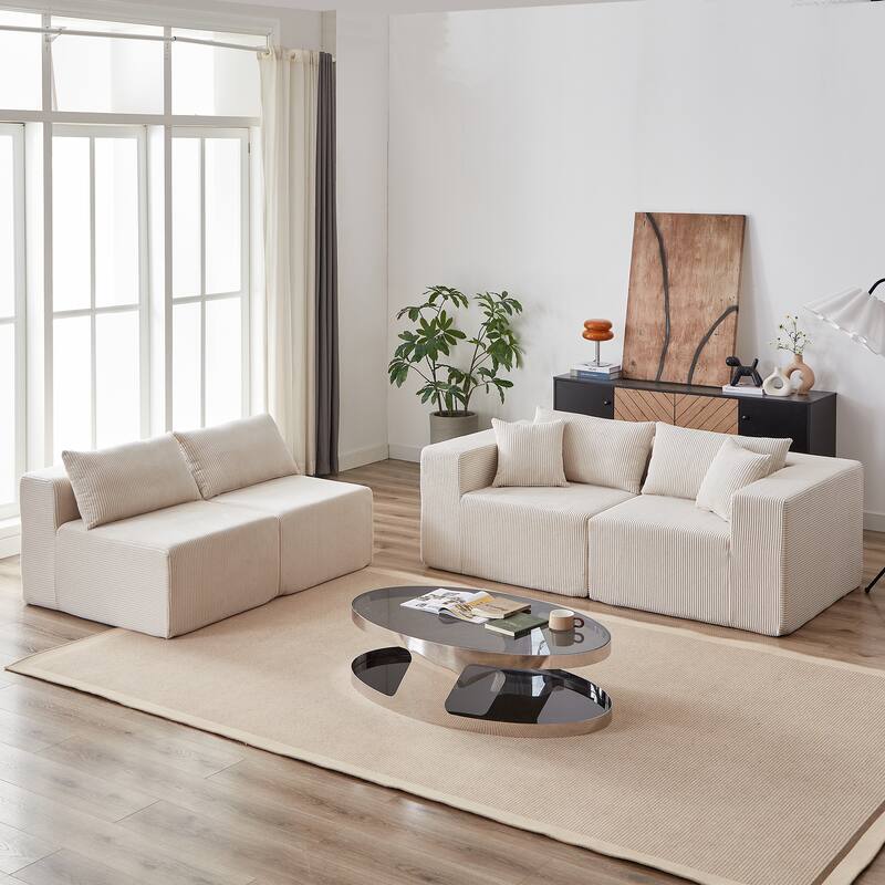 Corduroy Convertible Sectional Cloud Sofa, Foam-Filled Compressed Boneless Sofa, Modular L Shaped Floor 4 Seat Sofa