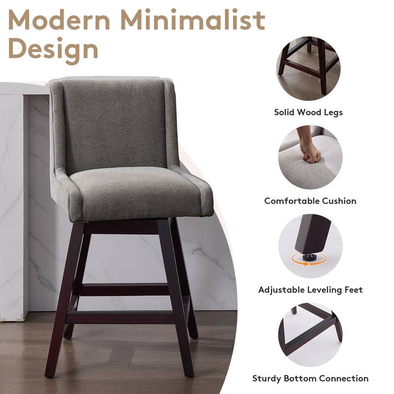2-Pack Swivel Bar Stools - 360° Rotating Solid Wood and Fabric Stools with Comfortable Cushion