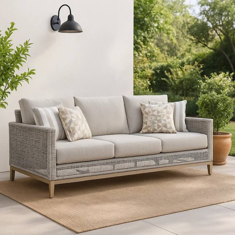 Yami 83 Inch Outdoor Sofa, 4 Accent Throw Pillows, Gray Resin Wicker