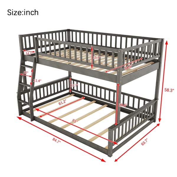 dimension image slide 1 of 2, Solid Pine Wood Full XL Over Queen Bunk Bed with Ladder & Guardrails