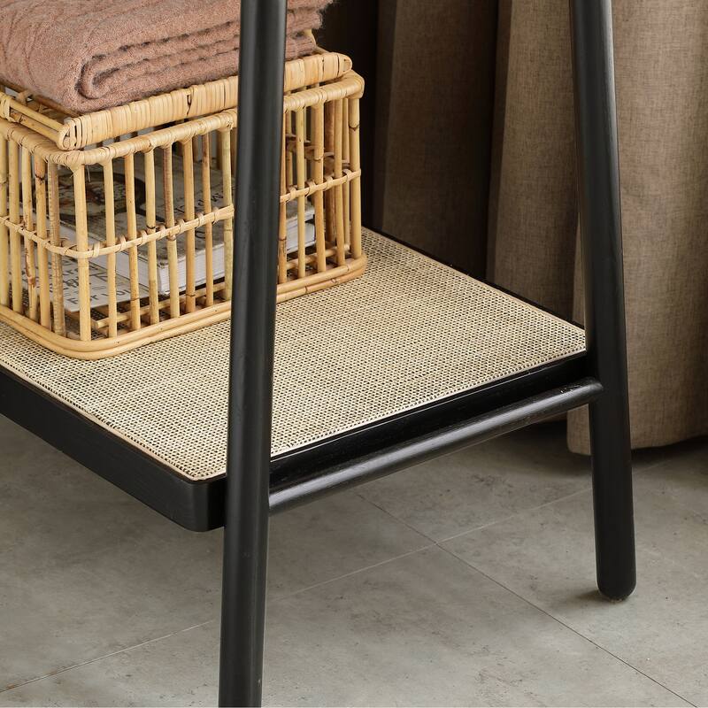 GDFStudio - Elora Solid Oak Wood Standing Hanger with Rattan Accents and Storage Shelf