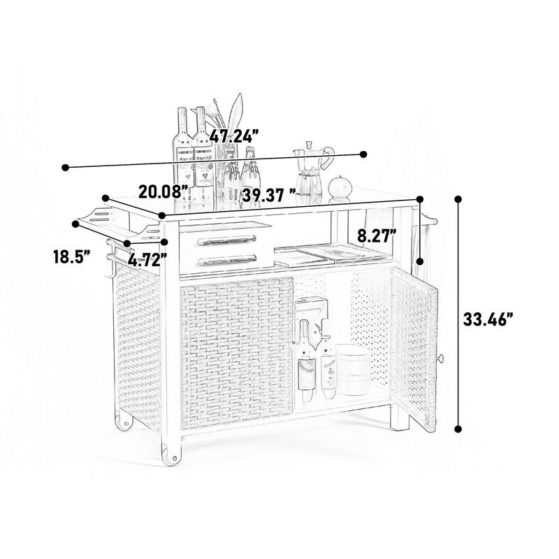 Outdoor Kitchen Wicker Island Rolling Cart & Storage Cabinet, Wheels and Stainless Steel Extended Table Top