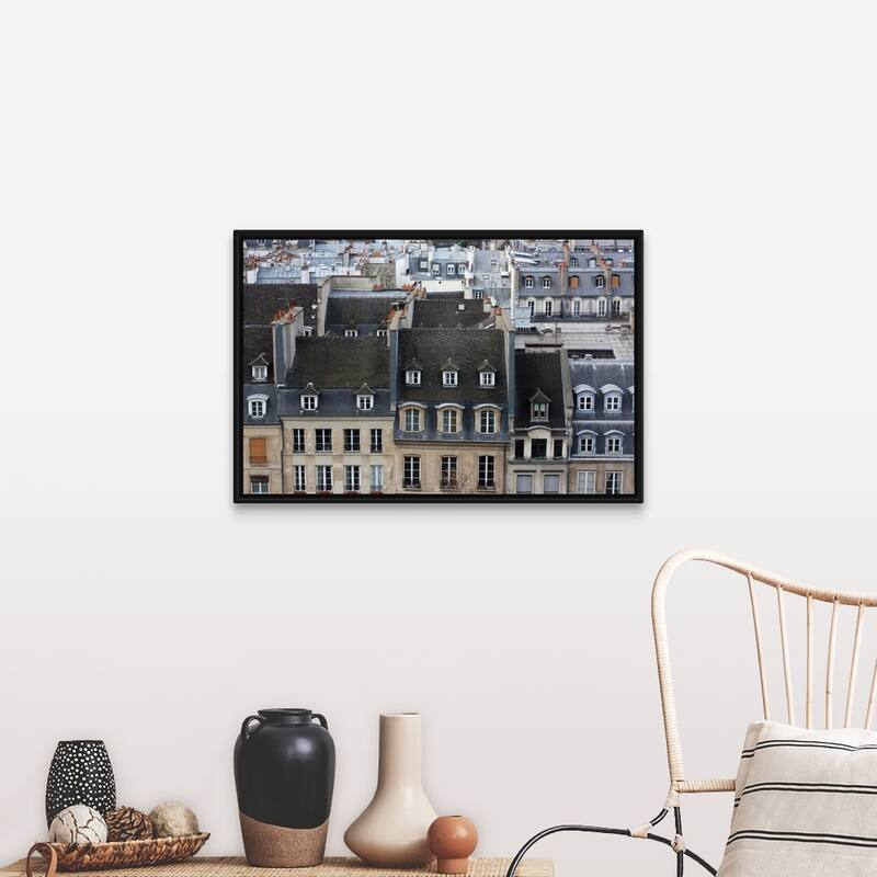 "Roofs and buildings in headquarters Chatelet les Halles, Paris." Black Float Frame Canvas Art - Wood - Includes Hardware - 36 x 24