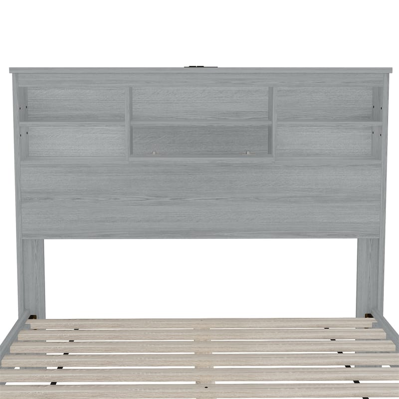 Queen Size Wood Platform Bed with Storage Headboard and USB Charging