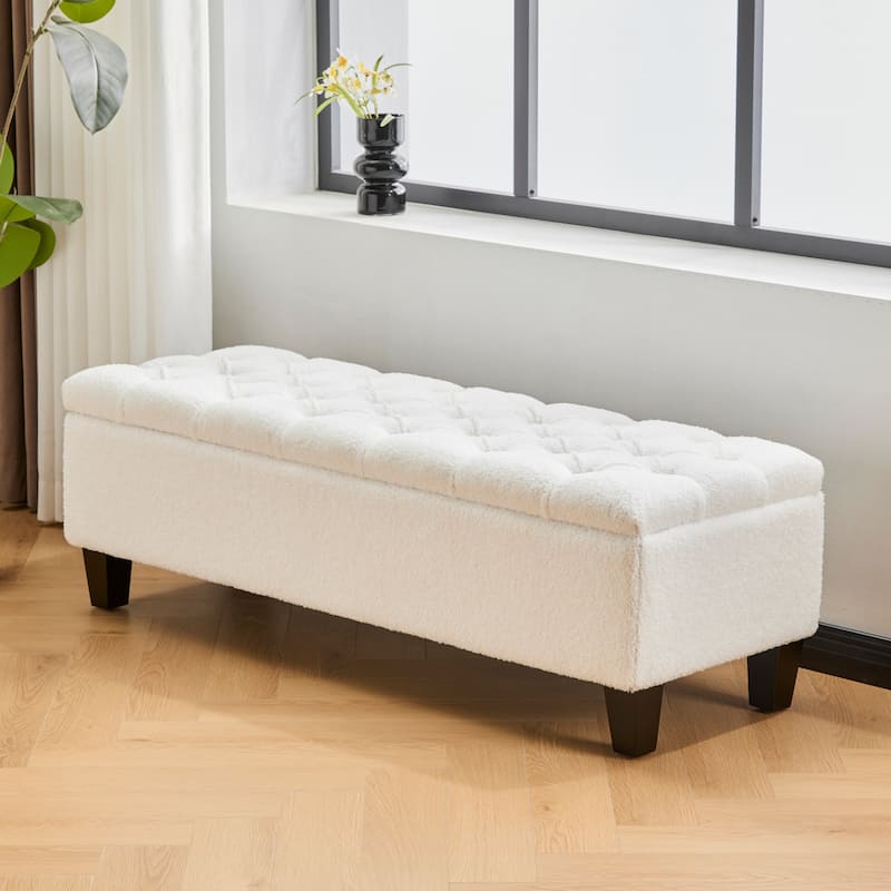 End of Bed Upholstered Ottoman Bench with Storage, Rubber Wood Legs - Beige
