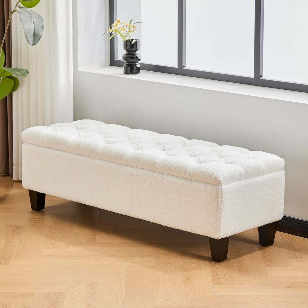 Ottoman Bench with Storage, Beige Boucle Surface, Rubber Wood Legs, 300 lbs Capacity