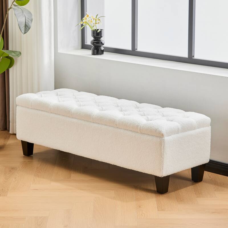 Roomfitters Tufted Storage Ottoman Bench, Faux Leather Upholstered Seat with Wood Legs, Entryway or Bedroom Use
