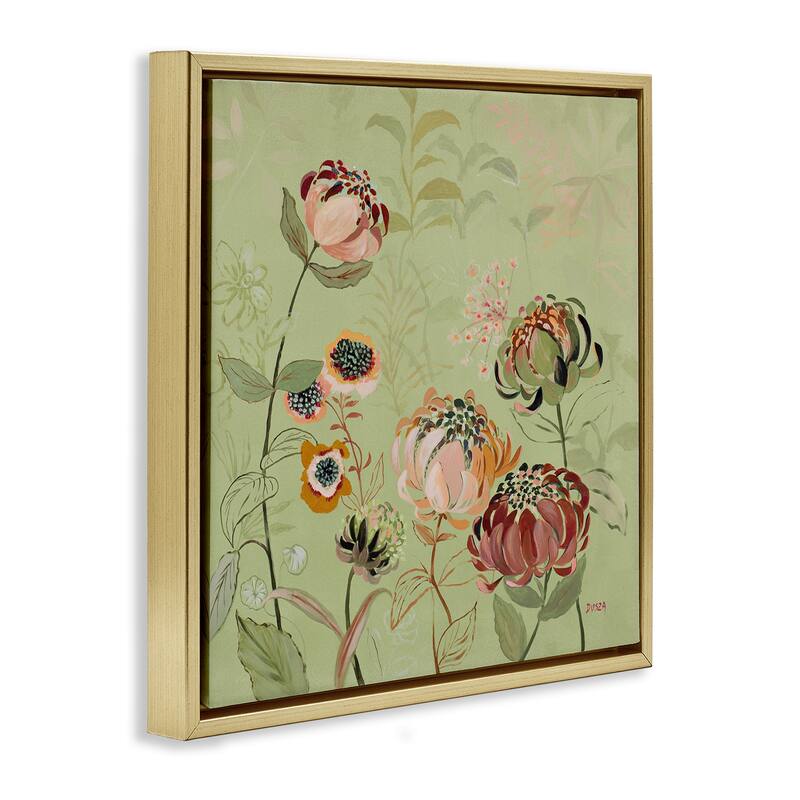 Stupell Curled Chrysanthemums on Green Framed Floater Canvas Wall Art Design By Dusza