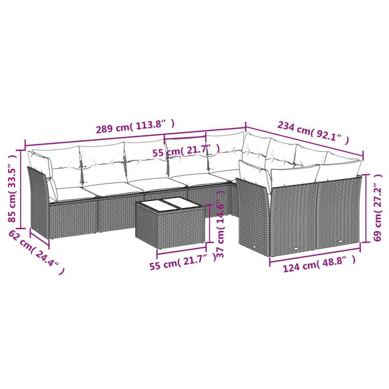 vidaXL 9/10 Piece Patio Sofa Set with Cushions Black/Brown/Gray Poly Rattan - 21.7 x 24.4 x 27.2
