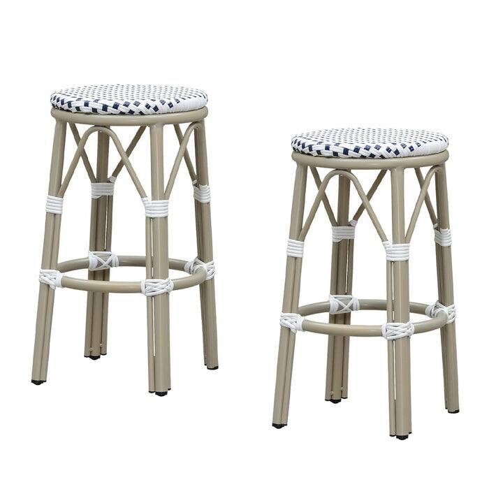 PURPLE LEAF Patio Bar Stools Set of 2 Handwoven Wicker Bar Height Stool Modern Aluminum High Bar Chairs - Counter Height White & Blue