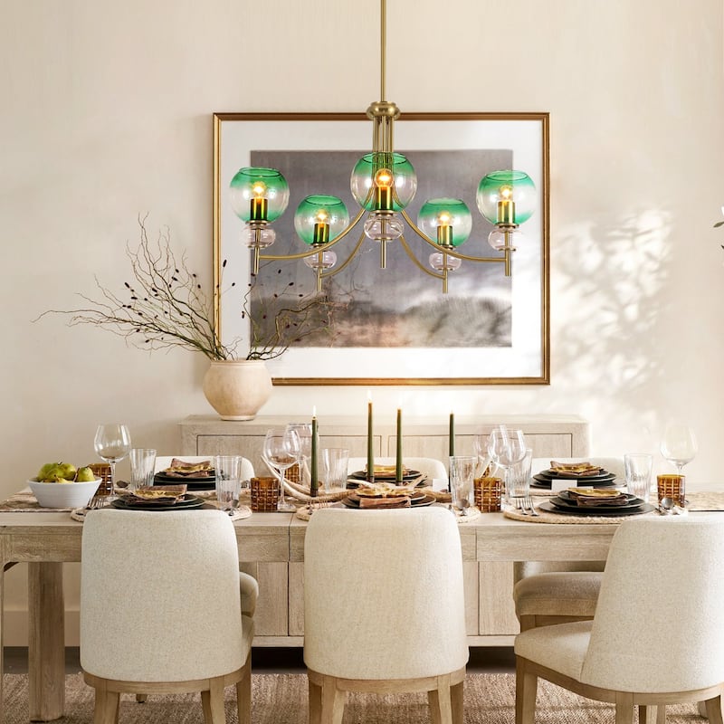 5-Light Mid-Century Modern Luxury Green Sputnik with Open/Bubble Glass Globe Shades Chandelier for Dining Room, Living Room