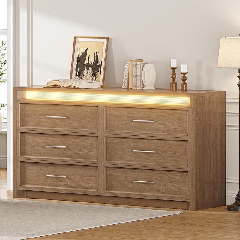Dresser for Bedroom with Drawers Mid-Century Modern Dresser 3 Color Lights - Dark Brown - 6-drawer