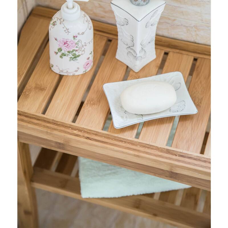 Bamboo Shower Seat Bench Spa Bath Stool Chair w/ Storage Shelf